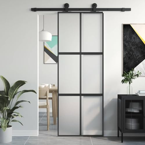 Mangloder - Porta scorrevole nera, 76 x 205 cm, in vetro temperato e alluminio, con protezione privacy e struttura robusta, per ingresso di casa, porta d'ingresso laterale, porta di casa, con linea