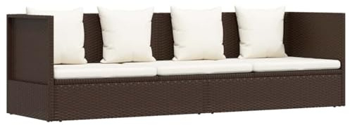 QJBSAVVA Lit de Jardin en Résine Tressée avec Coussin et 4 Oreillers, Bain de Soleil Transat Extérieur Réglable 7 Positions pour Terrasse et Piscine, Marron, 200 x 60 x 58 cm