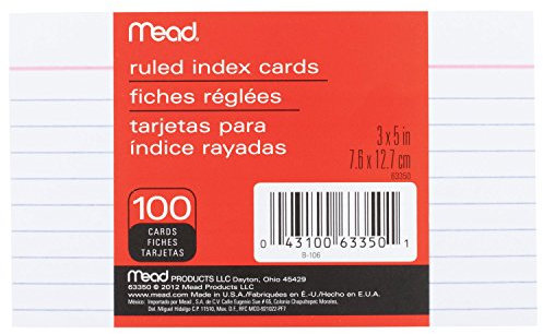 Mead Lined Index Cards, Note Cards, Ruled, 100 Count, 3 x 5, White (63350)