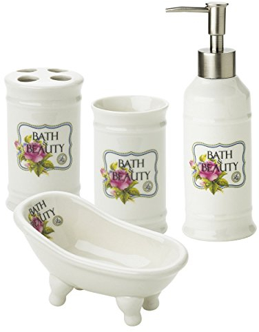 Badezimmer 4er Set Bath & Beauty von Lisbeth Dahl. Seifenspender, Zahnbürstenhalter, Becher und Seifenschale. Nostalgisch/ Romantisches Design!! Badset, Badaccessoire, Bad Accessoire