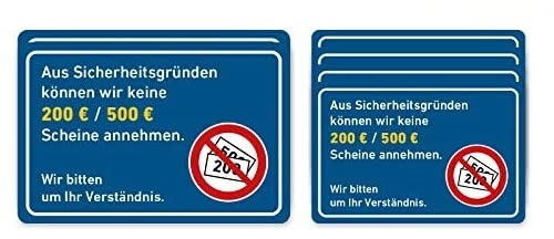 Set L Aufkleber Keine 500/200 Euro Scheine Annahme