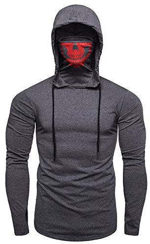Xmiral Mens Pullover Gesichtsschal Skull Pure Color Langarm-Kapuzenpulli Tops zum Karneval(L,A-Grau)