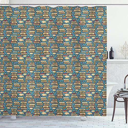 ABAKUHAUS Geek Rideau de Douche, Pile de Livres Café, Tissu Ensemble de Décor de Salle de Bain avec Crochets, 175 cm x 220 cm, Multicolore