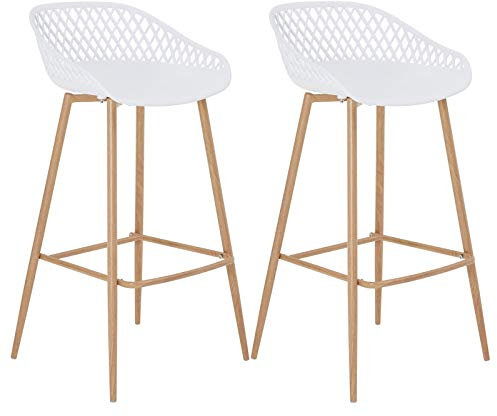 IDIMEX Lot de 2 tabourets de Bar IREK Chaise Haute pour Cuisine ou comptoir au Design Retro avec accoudoirs, en Plastique Blanc et métal décor Bois, Hauteur d'assise 75 cm