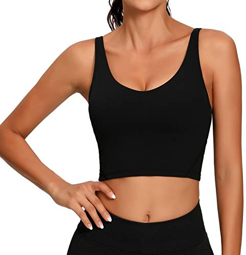 Lemedy Damen Sport-Bustier, langes, bauchfreies Tank-Top, gepolstert, Workout, Laufen, Yoga - Schwarz - small