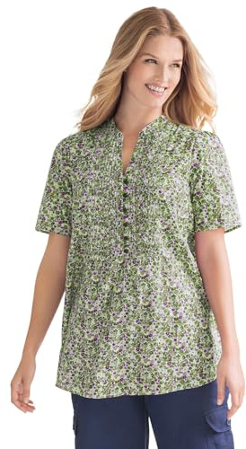 Woman Within Plus Size Pintucked Half-Button Tunic - 2X, Olive Green Blooming Ditsy