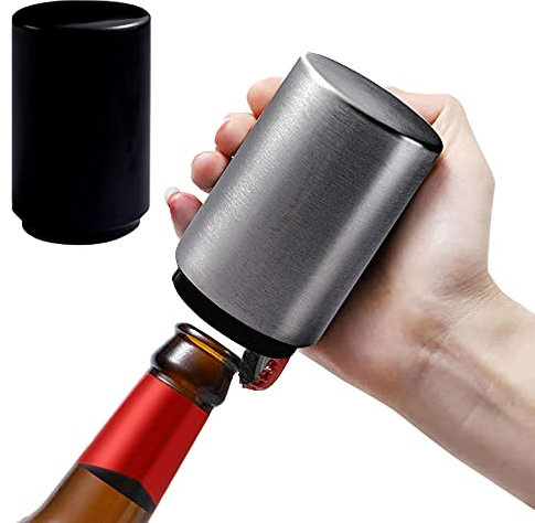 Automatic Beer Bottle Opener, 2Pcs Kitchen Stainless Steel Quick Decap Gadgets, Push Down Bar Wine Openers Practical Accessories Tool, Beer Gifts for Men(Black & Silver)