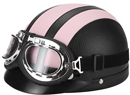 XJDP Casques Moto, Casque En Cuir Style Vintage, Demi-casques Moto à Visage Ouvert, Casques Scooter Vélo Quatre Saisons avec Lunettes Foulard En Cuir Unisexe, Approuvé Par Le Dot/ece,Rose,L