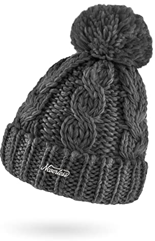 Neverless® Damen Mütze Grobstrick Strick-Bommel Pudelmütze Zopfstrickmuster Wintermütze Umschlag dunkelgrau Unisize