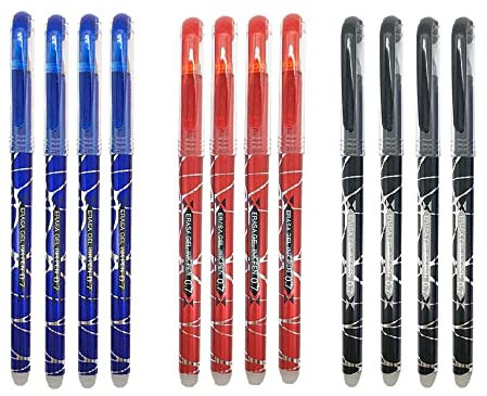 RHardware 12 bolígrafos de tinta azul,roja,negro borrable de gel 0,7mm, bolígrafos papelería escolar