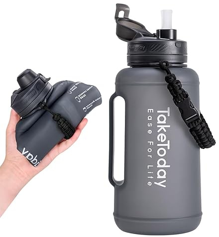 TakeToday 68 oz Collapsible Water Bottles with Straw, Half Gallon Water Bottle with Motivational Time Marker, Large Reusable Silicone Water Jug with Paracord Handle for Sports, Outdoors (Black)