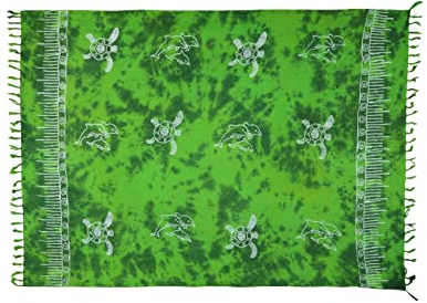 SAIVONA Pareo Sarong Strandtuch Damen - Wickelrock Strand - Handtuch Blickdicht als Wickeltuch oder Handtuchkleid und Wickelkleid Damen - Handarbeit aus Fair Trade Herstellung Batik Grün Schildkröte