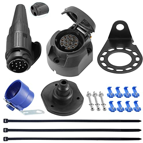SPARKMOTO 12V Anhänger Stecker 13 Polig und Anhänger Steckdose 13 Polig Set,mit Vollständig Montagezubehör,inkl. Anhänger Stecker Halter,Wasserdicht 13Poliger Stecker Steckdose(Neu,2 Kabelauslässe)