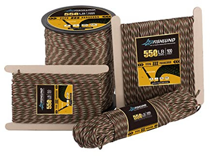 FISHLUND Paracord 550 lb, 7 Strand Paracord Rope 100ft 4mm, Nylon Parachute Cord for Camping, Forest Camo