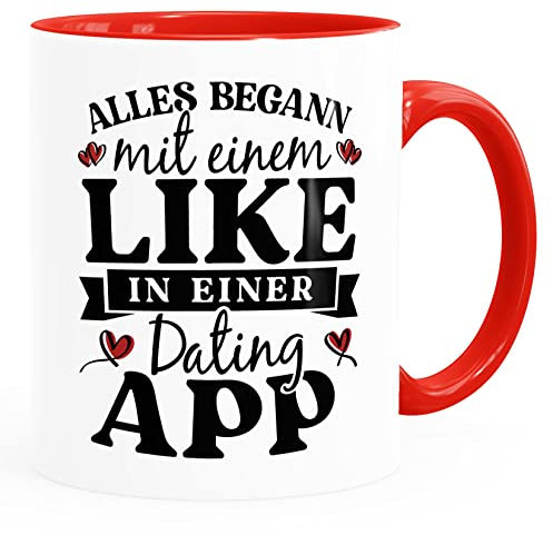 Moonworks® Kaffee-Tasse Alles begann mit einem Like in einer Dating App Geschenk Liebe Valentinstag Jahrestag weiss-innen-rot standard