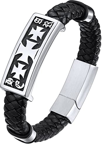 Bracelet Homme Cuir 19 cm Cadeau Homme Templiers Croix Acier Gourmette Garcon Juif Amulette de Protection Fermoir Magnétique Cadeau Copain Petit Ami Jeune Adult