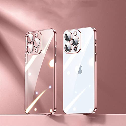 Square Edge Plating Transparent Case For iPhone 14 13 12 11 Pro Max Plus X XR XS SE 2022 7 8 Lens Protective Soft Silicone Cover,Pink,for iphone 13 mini