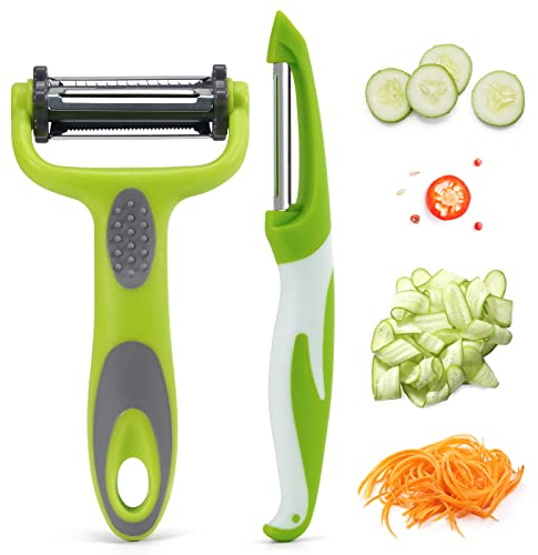 3 en 1 Éplucheur, Econome Legumes, Éplucheur Multifonctions, Epelucheur Légume Spaghetti, Couteau Eplucheur Cuisine, Éplucheur Universel de Cuisine pour Fruits, Pommes, Carottes (2PCS)