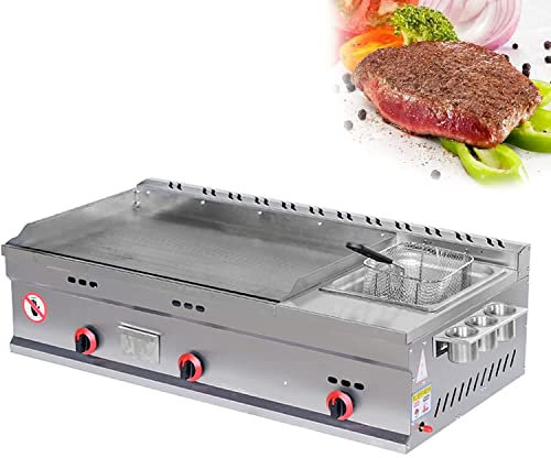 PRABOS Commercial Countertop Gas Grill Plate, Restaurant Stainless Steel Teppanyaki with Adjustable Temperature, Kitchen LPG Gas Grill for Outdoor Catering