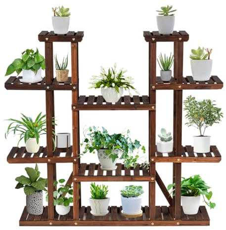 Homasis vertikales Pflanzenregal mit 6 Ablagen, multifunktionaler Pflanzenständer für Pflanzen, Bücher, Dekorationen, Blumenständer aus Holz für den Innen- und Außenbereich, Balkon, Garten, 125 x 25 x