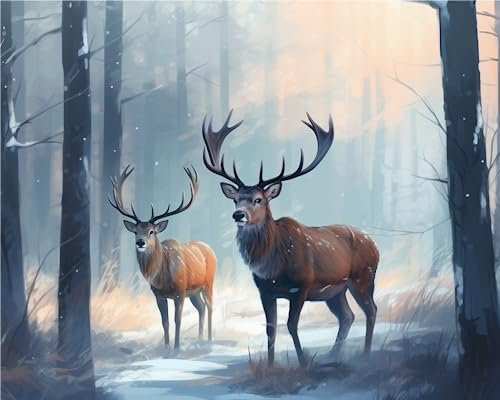 Ginfonr 5D Diamond Painting Complet Cerfs Hiver, Broderie Peinture Diamant Painting Animaux Kit Round Full Drill Complet Décoration De Pour La Décoration Murale De La Maison 30x40 cm