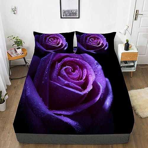 Spanbettlaken 140x200 Lila Rose Spannbetttuch Schwarz Bettlaken Boxspringbett mit Gummizug Spannbettuch Mikrofaser für Matratzen von 30 cm Mit 2 Kissenbezüge 80x80 cm
