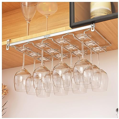 WoHood Adjustable Wine Glass Rack Under Shelf Hanging Wine Glass Holder Stainless Steel Inverted Drainage Wine Glass Hanging Rack Easy Installation For Bar Kitchen Silver (Size : 5 Slots)