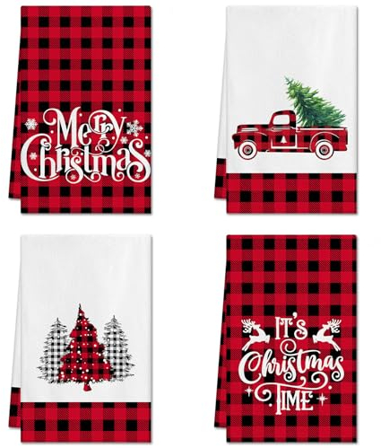 Ohok 4 Stück Weihnachten Handtücher 45x65 cm, Mode Dekoration Küchentücher Weihnachtsmann Geschirrtücher Weiche Mikrofasertücher für Badezimmer Küche Trockentuch Weihnachten Deko (Set N)