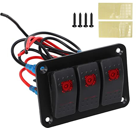Tissting Wippschalter Panel 3 Gang 12/24V 20/10A Marine Boot Kippschalter Schalttafel Wasserdicht mit 50 Etiketten, LED Hintergrundbeleuchtung Schalter Panel für Boot, Wohnmobile, Auto