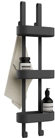 Bamodi Duschablage, 3-stufiger Organisator aus Kunststoff, Höhenverstellbare Körbe, Kratzfrei, Leicht Aufzuhängen, Kein Rost, Viel Stauraum für Duschzubehör - Tür-Dusche-Caddy - Schwarz