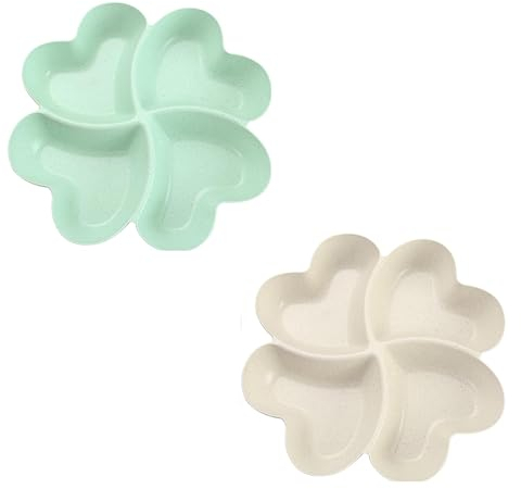 XUEHOU Snackteller Herzförmige Snackschale Süßigkeiten Schale Snackteller mit Fächern Snacktablett 4 Fach Obstteller Wiederverwendbar Hellgrün und Beige für Nüsse Desserts 2 Stück
