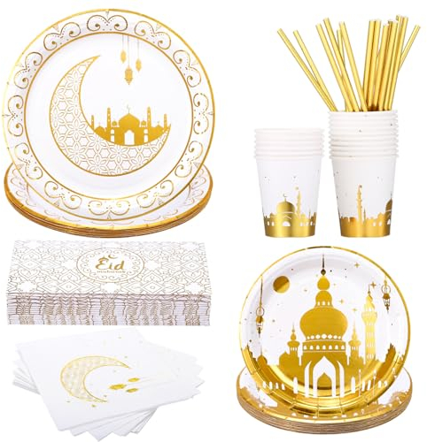 GWHOLE 96 Stück Ramadan Eid Mubarak Partygeschirr Ramadan Geschirr Ramadan Festival Thema Geschirr Party Set Eid Mubarak Dekoration Eid Partydeko Partygeschirr Ramadan Mubarak Tischdekorationen