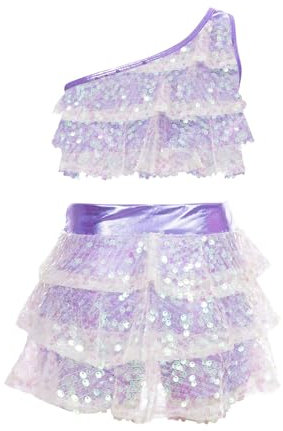 Freebily Vestito da Ballo Bambina Latino Americano Monospalla Abito da Ballo Tango Paillettes Crop Top Canotta + Gonna di Danza Classica Culottes Vestito da Pattinaggio Jazz Viola Chiaro 9-10 Anni
