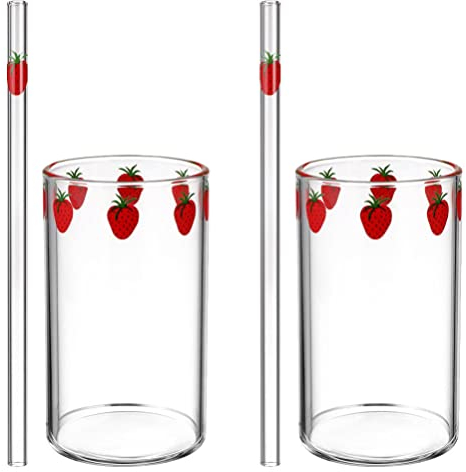 DOITOOL 2 Sets Strawberry Cups, 300ML Straw Glass Cups, Lovely Glass Tumbler with Straw, Cute Strawberry Pattern Glasses Bottle, Clear Strawberry Cups for Coffee Tea Juice Water