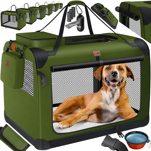 Lovpet® Transportbox Hund Katze Transporttasche XXL 91,4x63,5x63,5cm | Hunde-Tragetasche Faltbare Katzentasche | Haustier-Transportbox inkl. Hundenapf & Schultergurt | für Katzen Hunde Khaki