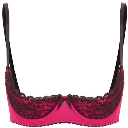 Kaerm Women's Lace Underwire Balconette Bras Push Up Half Cup Shelf Bra Lingerie Bust Bodice Hot Pink S