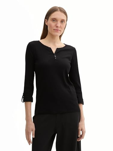 TOM TAILOR Damen Henley Longsleeve mit Streifen aus Bio-Baumwolle, 14482 - Deep Black, XS