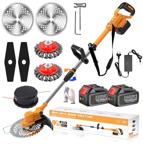 Desbrozadora Bateria 21V, Desbrozadora Electrica Brushless con 2 Baterías 4,0 Ah y 4 Tipos Cuchillas 4 En 1 Cortabordes Bateria con Cepillo de Malas Hierbas para Césped Jardín Poda,Orange,b