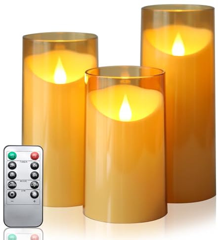 IMAGE LED Kerzen mit Fernbedienung Timer flackernde flammenlose Kerzen batteriebetrieben, Acryl Shell LED kerzen für Haus Tafel Party Hochzeit Weihnachten Dekoration, 3 Pack (D 3„×H 4“ 5„ 6“), Golden