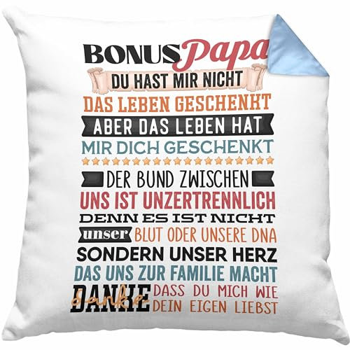 Trendation Bonus Papa Kissen mit Füllung 40x40 Geschenk für Stiefvater Stiefpapa Geschenkidee Vatertag Du Hast Mir Nicht Das Leben Geschenkt (Blau)