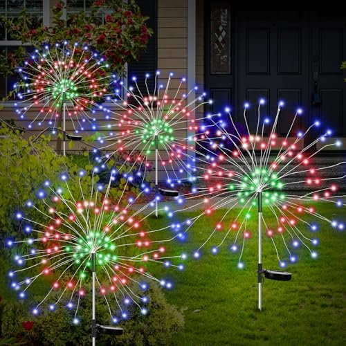 Solar Lights for Garden Decoration,4x150 Christmas Fairy Lights Solar Powered Starburst Lights Outdoor Firework Decorative Lamp Pathway Lighting 8 Different Modes Waterproof Colored 4 Pack
