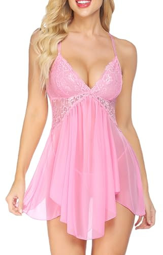 Avidlove Signore Camicia da Notte Sexy Pizzo Babydoll Biancheria Intima Curvy Negligee Abito Elegante Teddy Nightwear V-Neck Lingerie Set Rosa Brillante L