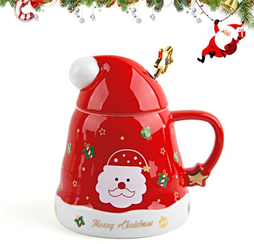 SilverChry Tasse de Noël en Céramique avec Couvercle et Cuillère - Mug à Café Sapin, Lait - Cadeau (Rouge)
