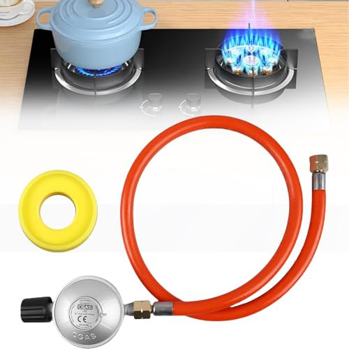 GOMETY Druckminderer Set Gasregler, Gasschlauch 150cm 1/4 Linkegewinde Betriebsdruck Gas Niederdruckregler, Gasdruckregler Set für Gaskocher Gasgrills Oder Paellagrills Camping Picknicks Grillpartys