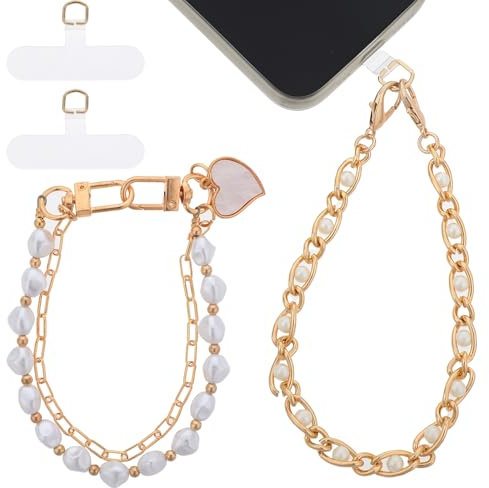 Bewudy Phone Charm Bracelet, Cell Wrist Lanyard, Metal Charms Chain Wristlet Beaded Strap for Women Men Wallet Keychain Camera (Gold)