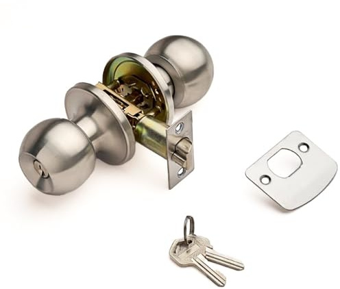 Designer Levers Entrance Door Knob Set, Satin Stainless Steel | 70mm; includes one pair of handles for one door, tubular latch, spindle, screws.