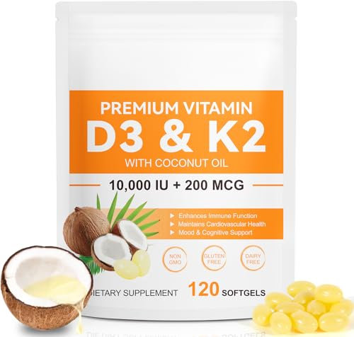 Vitamin D3 10000 iu Plus K2 200 mcg, 120 Capsules 2 in 1 Vitamin D3 K2 with Coconut Oil Supports Calcium Absorption, Bone, Immune, & Heart Health