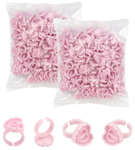 Glue Rings for Eyelash Extension, 200 PCS Heart Shaped Glue Rings for Eyelash Extensions Disposable Glue Cups Eyelash Glue Holder Lash Glue Ring Smart Glue Cups Lashing Supplies (Pink)