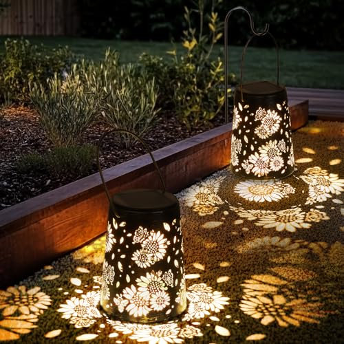 Ketom 2 Piezas Farolillos Solares Exterior, IP65 Impermeable Faroles Solares, Metal Lampara Solar Jiardin, Colgante/De Pie, para Decoración Terraza, Patio, Balcón, Camping, Modello di Girasole, Negro