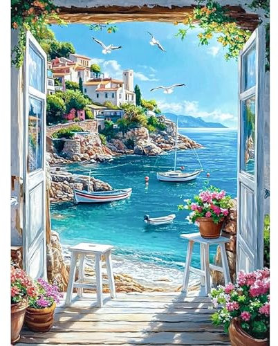 KEYIFA Mer Porte Peinture par Numéros pour Adulte, Paysage Kits de Peinture au Numéro avec Peinture Acrylique, DIY Fleurs Creatif Toile Peinture à l'huile, Décoration de Maison 30x40cm